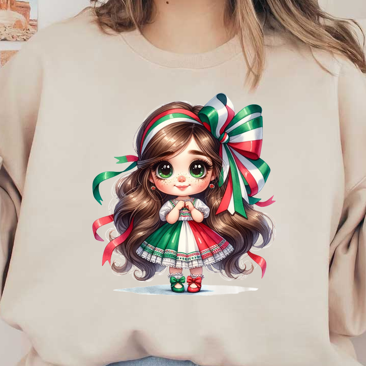 Esta encantadora muñeca tiene grandes ojos verdes y cabello largo y ondulado, vestida con un vestido colorido con cintas festivas.