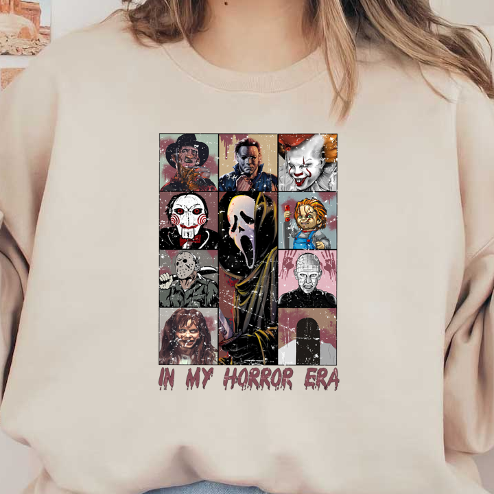 A vibrant collage featuring iconic horror characters like Freddy Krueger, Michael Myers, and Pennywise, celebrating the horror genre. dtf prints