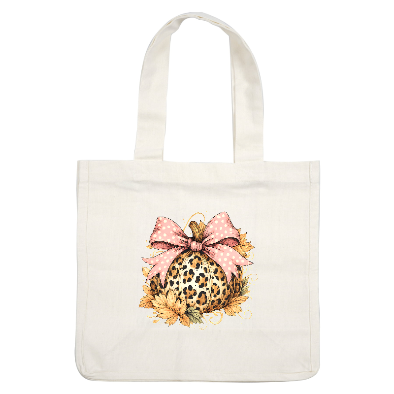 Charming pumpkin illustration adorned with a polka dot bow and autumn leaves.DTF Transfers
