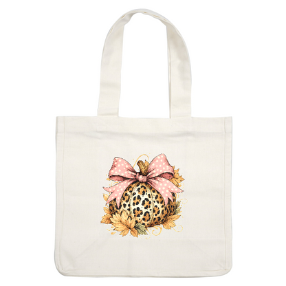 Charming pumpkin illustration adorned with a polka dot bow and autumn leaves.DTF Transfers