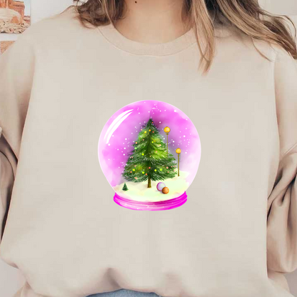 A whimsical snow globe featuring a colorful Christmas tree and festive ornaments against a soft pink background. heat press transfers