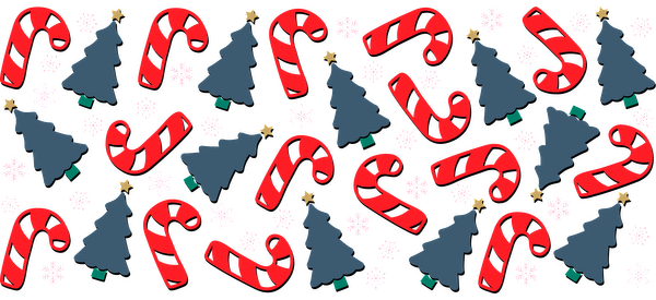 A festive pattern featuring cheerful red candy canes, green Christmas trees, and white snowflakes against a dark background.UV Transfers heat press transfers