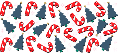 A festive pattern featuring cheerful red candy canes, green Christmas trees, and white snowflakes against a dark background.UV Transfers heat press transfers