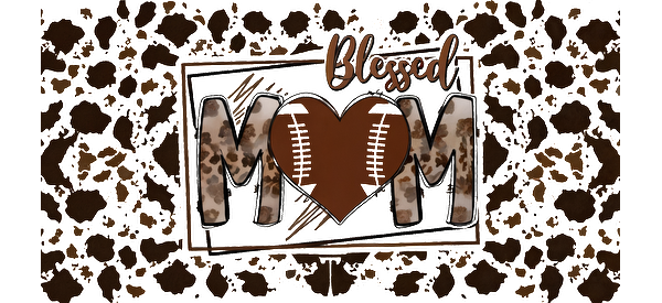 A stylish graphic design featuring "Blessed MOM" with a heart and football elements, set against a trendy leopard print background.UV Transfers dtf transfers