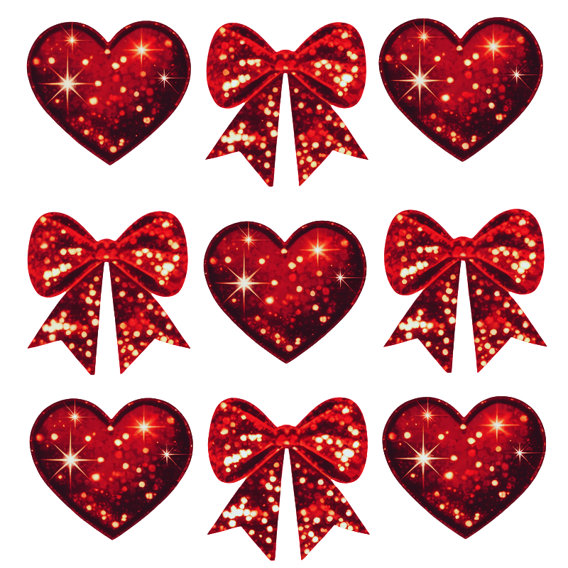 A vibrant collection of red hearts and bows, adorned with sparkling details for a festive and cheerful aesthetic.DTF Transfers