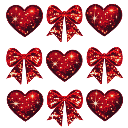 A vibrant collection of red hearts and bows, adorned with sparkling details for a festive and cheerful aesthetic.DTF Transfers