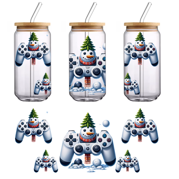 Playful holiday-themed gaming controllers featuring whimsical snowmen adorned with tiny Christmas trees and surrounded by snowballs.UV Transfers dtf transfers