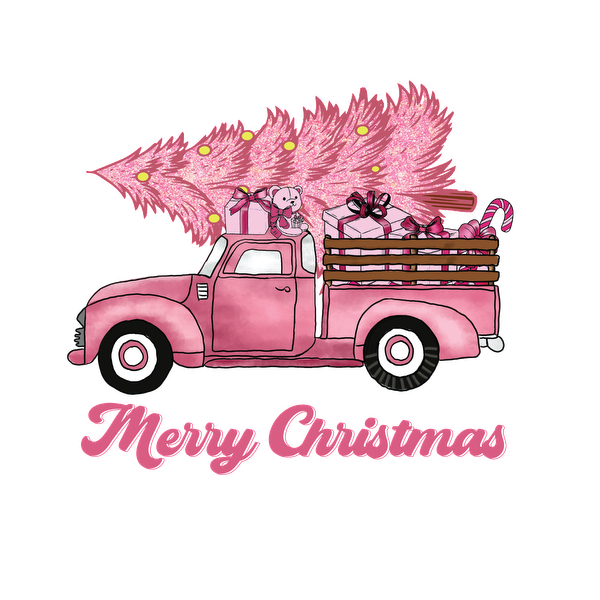 A charming vintage pink truck loaded with gifts and a festive pink tree, adorned with "Merry Christmas" in whimsical lettering. heat press transfers