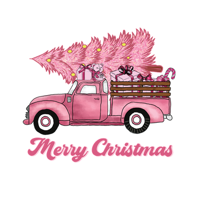 A charming vintage pink truck loaded with gifts and a festive pink tree, adorned with "Merry Christmas" in whimsical lettering. heat press transfers