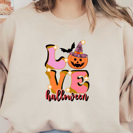 Colorful Halloween-themed design featuring the word "LOVE" with a smiling pumpkin wearing a witch's hat and decorative stars. dtf prints