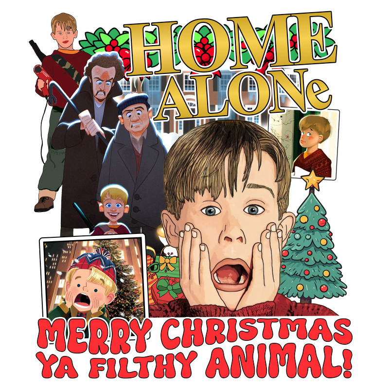 Celebrate the holidays with this fun "Home Alone" themed graphic, featuring festive decorations and a classic movie quote!DTF Transfers dtf prints