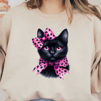 Un elegante gato negro con ojos de color rosa vibrante, adornado con un divertido lazo rosa y una bufanda con lunares para una apariencia elegante.