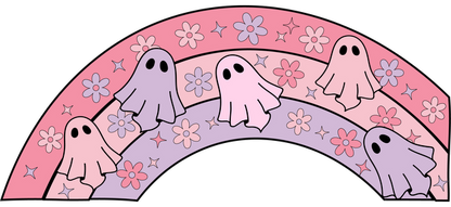 A whimsical design featuring pastel-colored ghosts and flowers arranged in a charming rainbow pattern.UV Transfers dtf prints