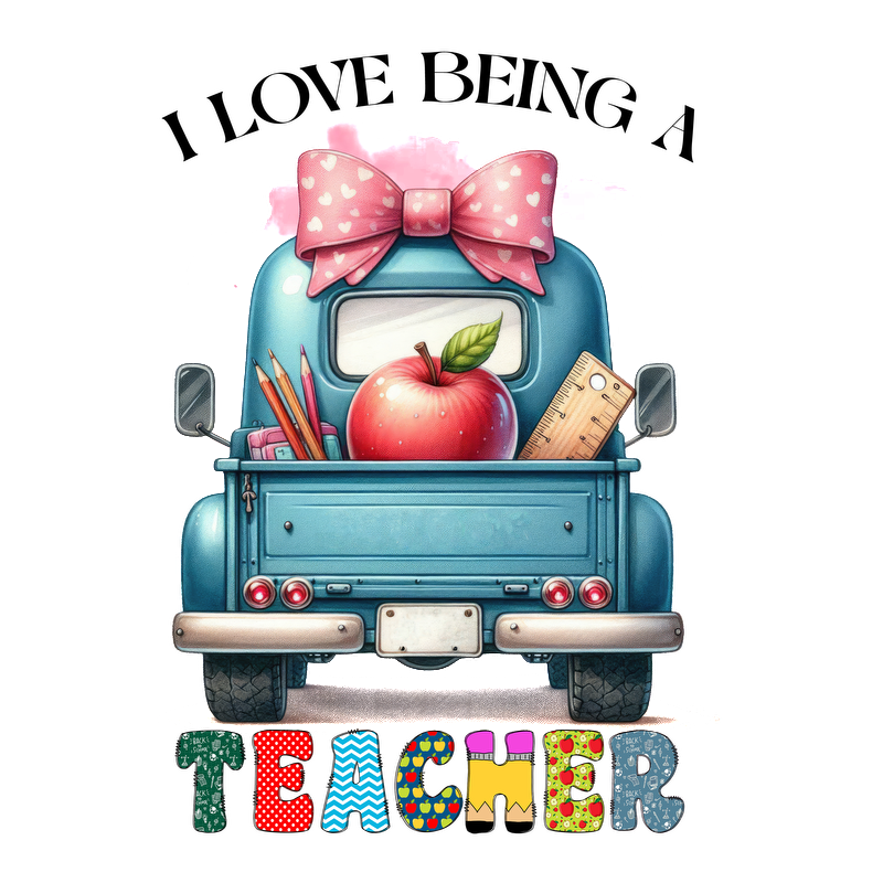 A charming blue truck adorned with a large pink bow, featuring school supplies and an apple in the back, highlighted by colorful "TEACHER" lettering.DTF Transfers