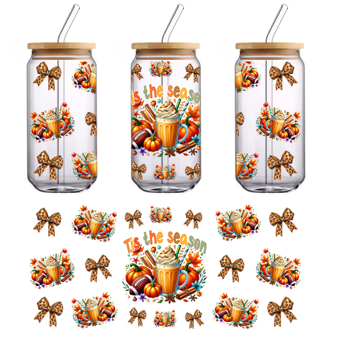 Celebrate the season with this vibrant autumn-themed design featuring pumpkins, a delicious drink, and festive bows.UV Transfers heat press transfers