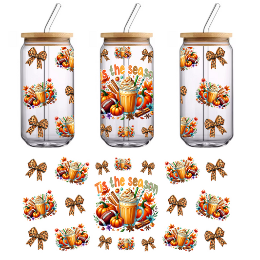 Celebrate the season with this vibrant autumn-themed design featuring pumpkins, a delicious drink, and festive bows.UV Transfers heat press transfers