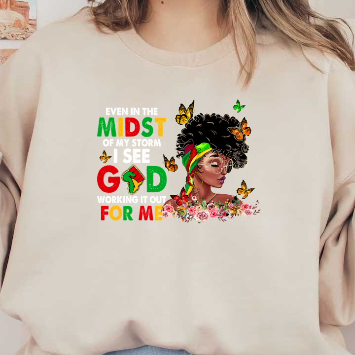 A vibrant, artistic illustration featuring a woman with curly hair, glasses, and a colorful headband, surrounded by inspirational text and flowers. dtf prints