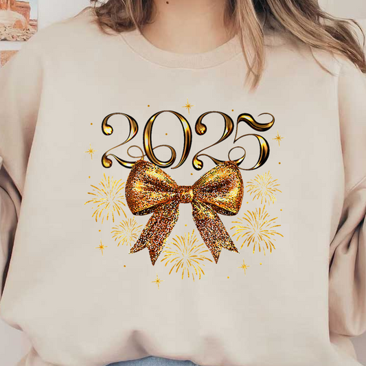 Celebrate the New Year 2025 with a sparkling golden bow and festive fireworks, perfect for any celebration!DTF Transfers dtf transfersdtf regular iron