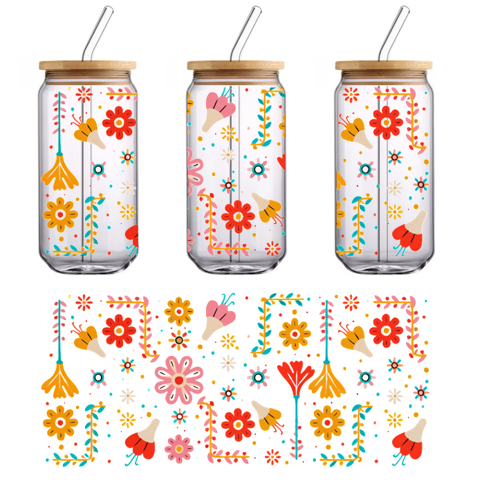 A vibrant floral pattern featuring a variety of colorful flowers and whimsical designs, perfect for brightening any surface.UV Transfers heat press transfers