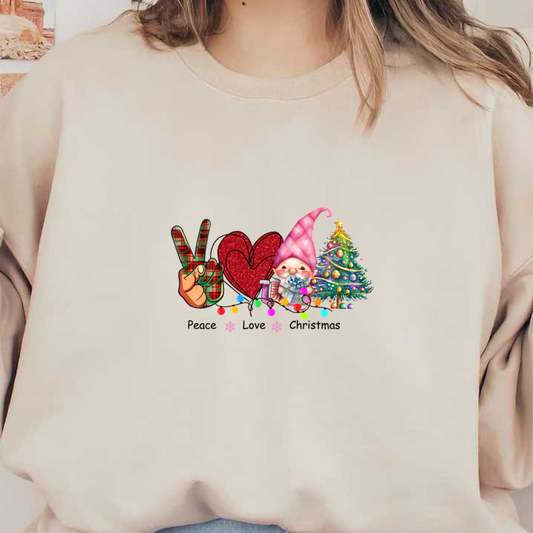 A festive illustration featuring a gnome, a Christmas tree, a heart, and a peace sign, all in vibrant colors.dtf regular iron