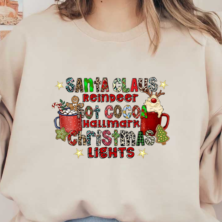 Celebrate the holiday spirit with this fun, colorful design featuring festive words, Christmas themes, and cozy imagery of hot cocoa!DTF Transfers heat press transfersdtf regular iron