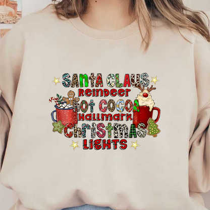 Celebrate the holiday spirit with this fun, colorful design featuring festive words, Christmas themes, and cozy imagery of hot cocoa!DTF Transfers heat press transfersdtf regular iron