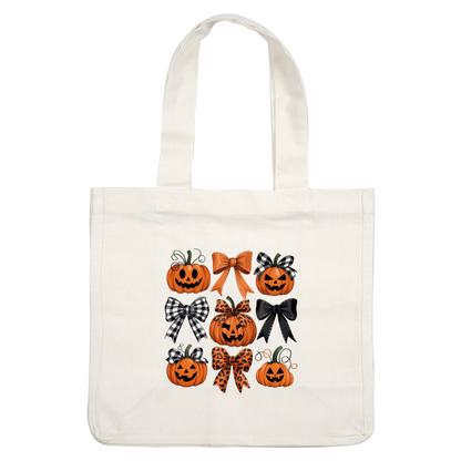 Una divertida colección de calabazas con temática de Halloween, con diversas expresiones y elegantes lazos en patrones clásicos en negro, naranja y leopardo.