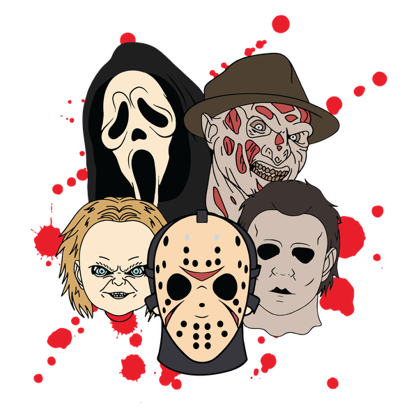 A colorful illustration featuring iconic horror movie masks, including Jason, Michael Myers, and Ghostface, set against a splattered background. dtf prints