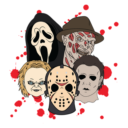 A colorful illustration featuring iconic horror movie masks, including Jason, Michael Myers, and Ghostface, set against a splattered background. dtf prints