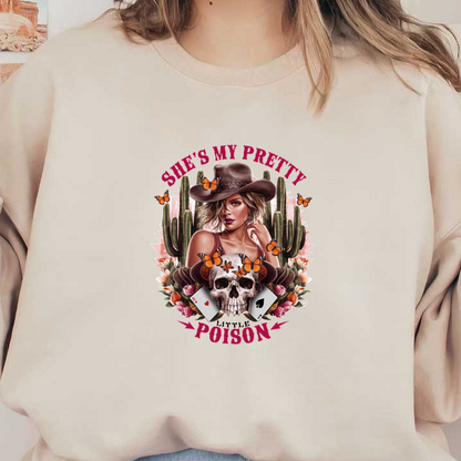 A striking graphic design featuring a stylish woman in a cowboy hat surrounded by cacti, butterflies, and a skull with playing cards.dtf regular iron