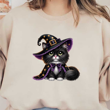 ¡Un lindo gato blanco y negro viste un extravagante sombrero de bruja y una capa estrellada, perfecto para las festividades de Halloween!