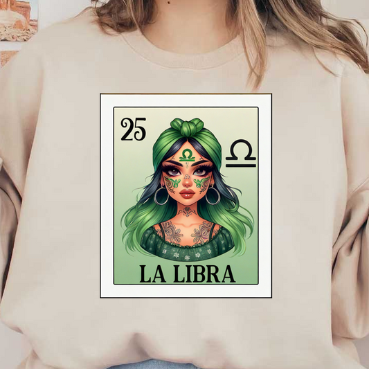 Esta vibrante ilustración presenta a una mujer con cabello verde y tatuajes intrincados, que encarnan el signo zodiacal de Libra.