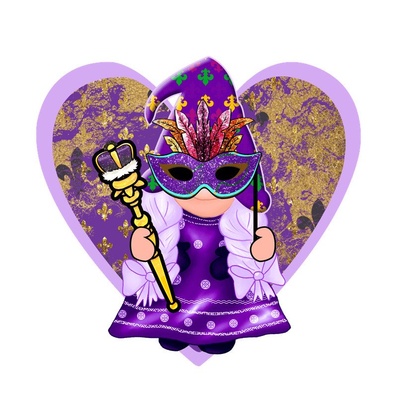 A whimsical cartoon figure dressed in a regal purple outfit, holding a scepter, set against a heart-shaped background.DTF Transfers