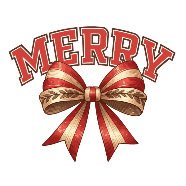 Un diseño festivo que presenta la palabra "MERRY" en letras rojas llamativas, adornado con un hermoso lazo de rayas rojas y doradas.