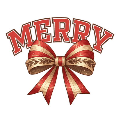 Un diseño festivo que presenta la palabra "MERRY" en letras rojas llamativas, adornado con un hermoso lazo de rayas rojas y doradas.