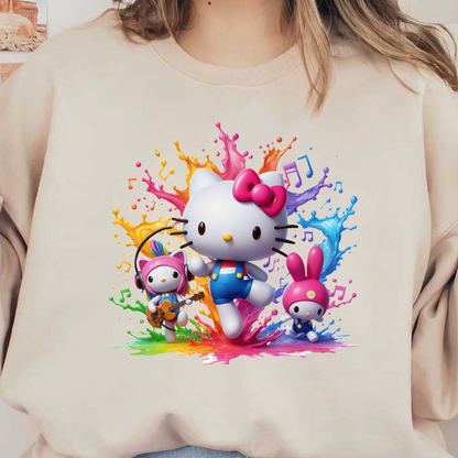 Una ilustración vibrante de Hello Kitty y sus amigos, rodeada de salpicaduras de colores y notas musicales, que muestra una escena divertida y animada. Transferencias DTF