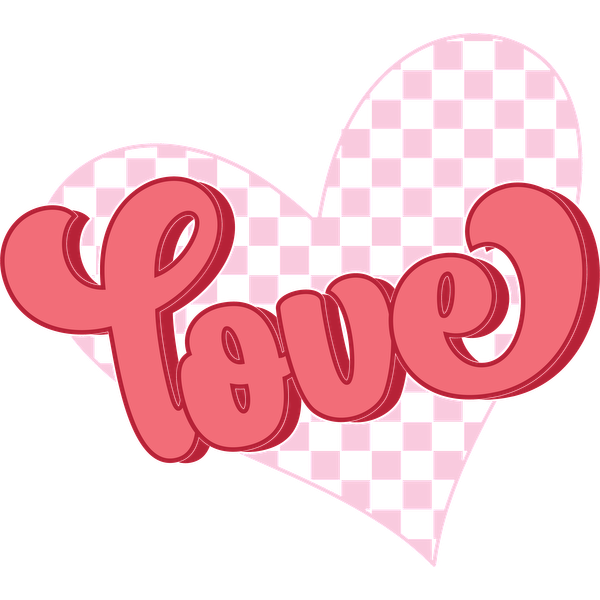 A playful pink "Love" graphic inside a heart, featuring a checkered background for a cheerful touch. heat press transfers