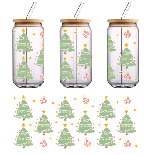 A festive and cheerful pattern featuring decorated Christmas trees, colorful ornaments, and flowers, perfect for holiday-themed designs!UV Transfers dtf transfers