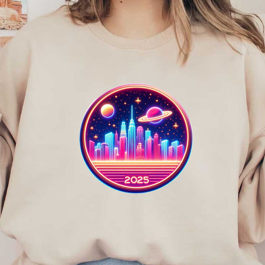 A vibrant, futuristic cityscape illustration featuring neon colors, planets, and starry skies, marked with the year "2025."DTF Transfers