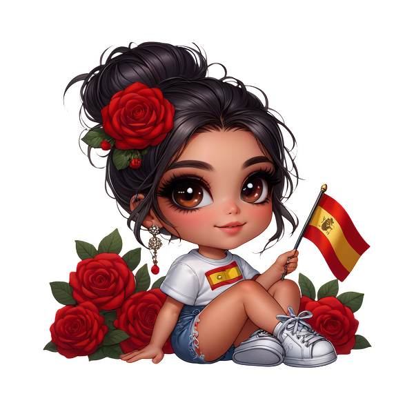 A cute girl with dark hair and big eyes holds a Spanish flag while surrounded by vibrant red roses.DTF Transfers dtf transfers