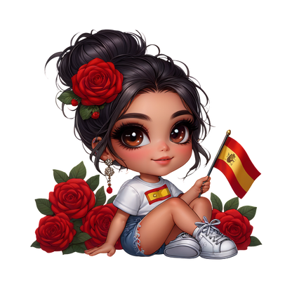 A cute girl with dark hair and big eyes holds a Spanish flag while surrounded by vibrant red roses.DTF Transfers dtf transfers