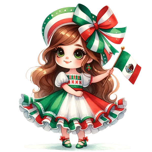 Cute girl in a traditional Mexican dress, proudly holding a small flag, adorned with vibrant colors and a large ribbon bow. dtf prints