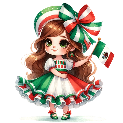 Cute girl in a traditional Mexican dress, proudly holding a small flag, adorned with vibrant colors and a large ribbon bow. dtf prints