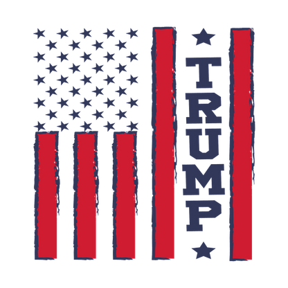 Un diseño gráfico que presenta rayas rojas y azules estilizadas con estrellas, mostrando de forma destacada el nombre "TRUMP".