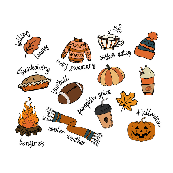 A charming collection of fall-themed illustrations, featuring cozy sweaters, pumpkin treats, hot drinks, and festive decorations. dtf transfers