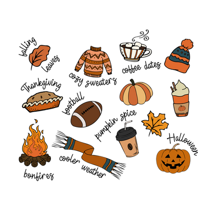 A charming collection of fall-themed illustrations, featuring cozy sweaters, pumpkin treats, hot drinks, and festive decorations. dtf transfers