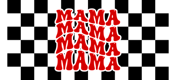 Arte con texto en rojo llamativo que presenta la palabra "MAMA" en un diseño ondulado y divertido. ¡Perfecto para celebrar la maternidad! Transferencias UV