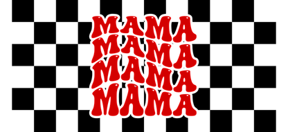 Arte con texto en rojo llamativo que presenta la palabra "MAMA" en un diseño ondulado y divertido. ¡Perfecto para celebrar la maternidad! Transferencias UV