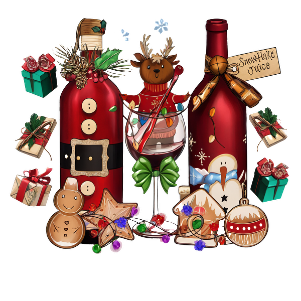 Celebrate the season with festive red bottles, delicious treats, and cheerful decorations, including a reindeer and gingerbread cookies! dtf prints