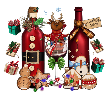 Celebrate the season with festive red bottles, delicious treats, and cheerful decorations, including a reindeer and gingerbread cookies! dtf prints